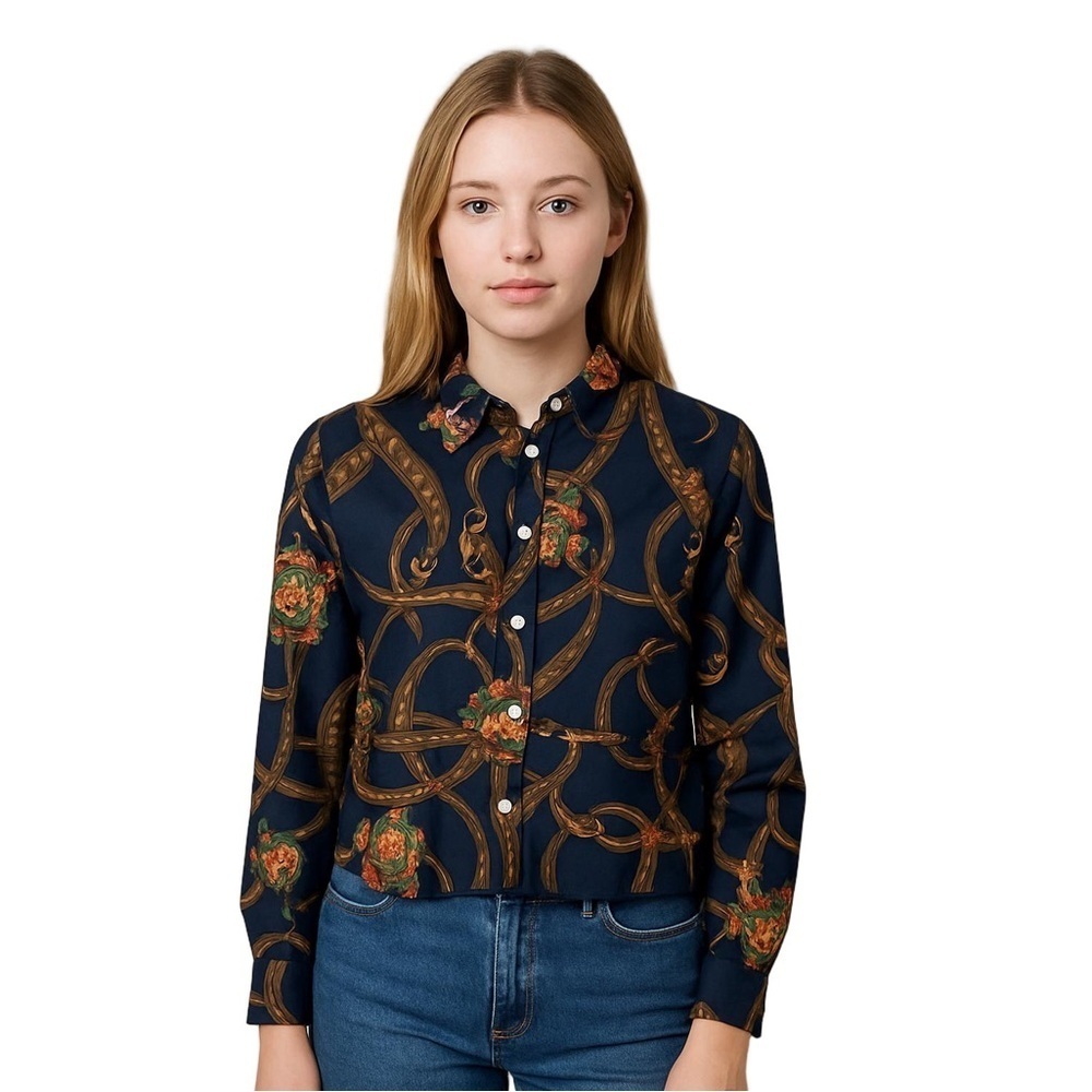 Ralph Lauren Equestrian Print Shirt in Gold and Brown Size 8P